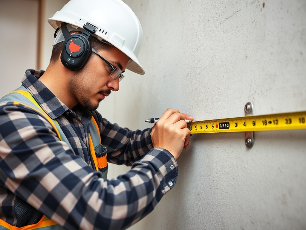 벽면에 앵커볼트를 설치하기 위해 줄자와 펜으로 타공 위치를 정확히 측정하고 있는 작업자의 모습