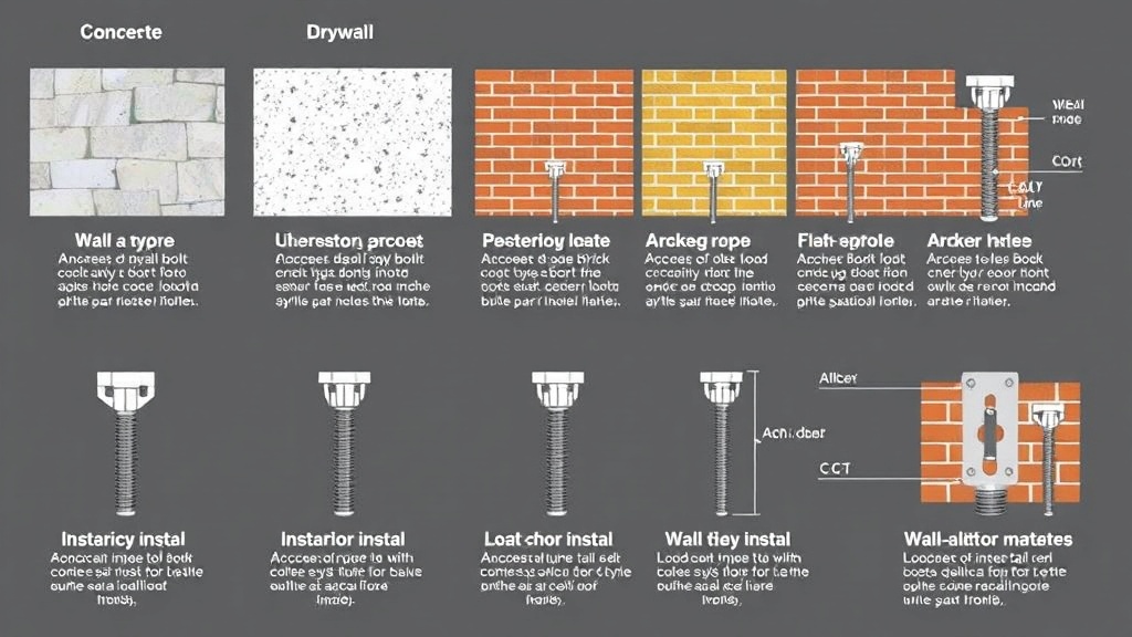다양한 벽체 재질의 단면과 앵커가 삽입된 구조를 보여주는 기술 도해